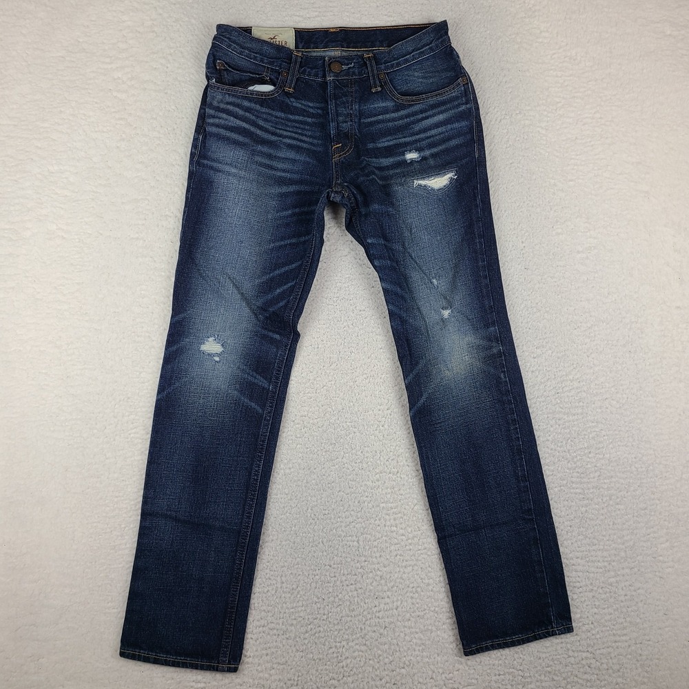 Hollister Jeans Mens 30x30 Blue Skinny Distress Button Fly Dark Wash Denim